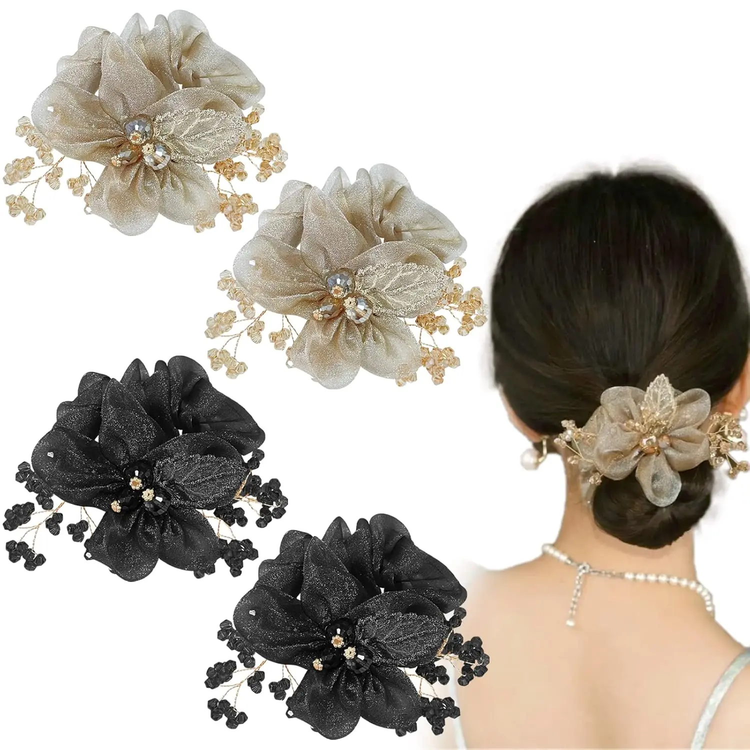 4 Pcs Flower Leaf Elastic Hair Ties Crystal Ponytail Holders Rhinestone Hair Scrunchies Hair Rubber Bands Ropes Hair Accessories  Women Girls New model