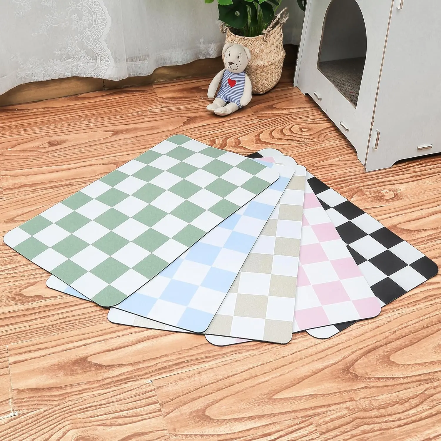Checkered Dog Feeding Mat, Absorbent Mats for Dog Food and Water Bowl, Dispenser, Retro Modern Aesthetic Sage Green Checkerboard Pet Placemat for Dogs, Cats, Puppy Accessories