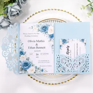50pcs Dusty Blue Laser Cut Wedding Invitations Card Pocket with Envelope and RSVP Cards 4.9x7'' Tri-Fold Wedding Invitation Kit For Quince Baby Shower Anniversary Birthday