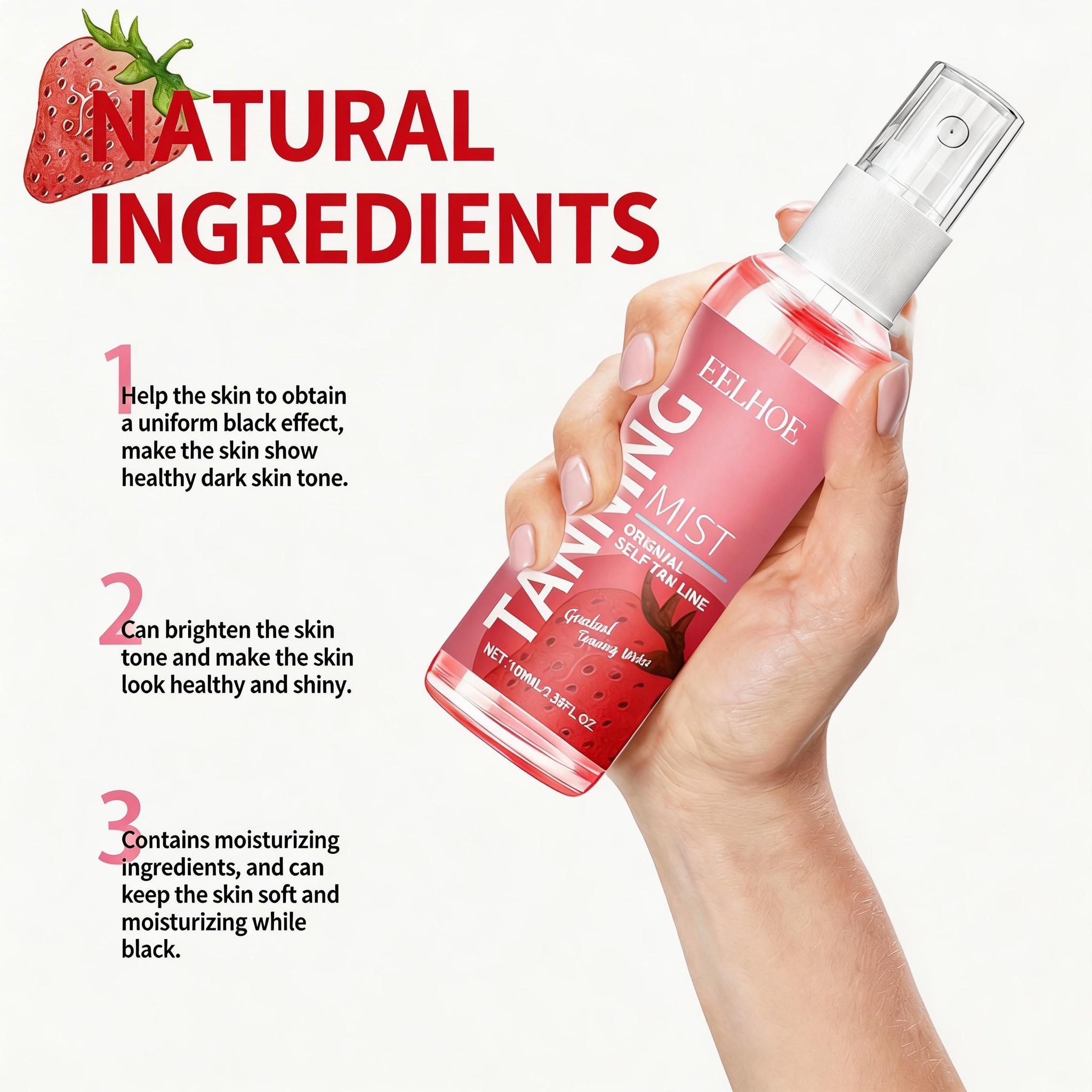 EELHOE Tanning Mist with Strawberry & Calendula, Face & Body Spray for Streak-Free Natural Bronze, Brightening Hydrating Formula, Gentle for Sensitive Skin, Indoor/Outdoor Use