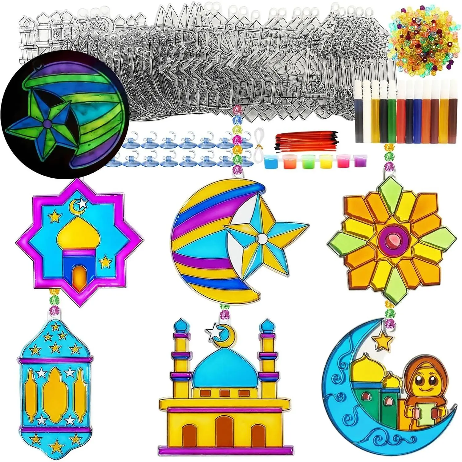 30 Sets Ramadan Suncatcher Crafts Kits Eid Al Fitr Sun Catchers DIY Window Art Moon and Star Suncatchers Lantern Mosque Sun-Catcher for Islamic Craft Ramadan Mubarak Decorations