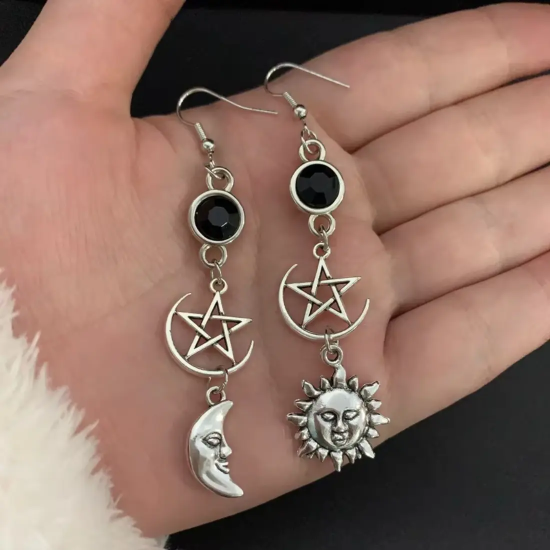 Crescent Moon Earrings for Women, Celestial Gothic Jewelry with Birthstone Charm, Pentagram Star Dangle Earrings, Mystical Vintage Inspired Accessories for Party, Festival, Daily Wear & Gift
