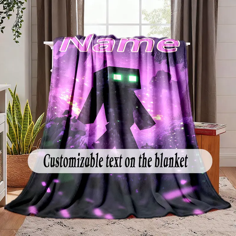 Custom Name Minecraft Enderman Fleece Throw Blanket - Fleece Fabric, Pixelated Mobs, Purple End World Glowing Neon Ender Sky Print, Multi-Size, Soft Lightweight, Anti-Fade, For Kids Gamer Bedroom Kids’ Rooms Birthday Gift
