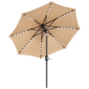 10 FT Solar Powered Patio Umbrella with 32 LED Lights - Outdoor Market Table Umbrella with Push-Button Tilt & Crank Lift - Heavy Duty 8-Rib Aluminum Frame Sun Shade for Deck, Garden & Poolside windproof design adjustable high quality ab