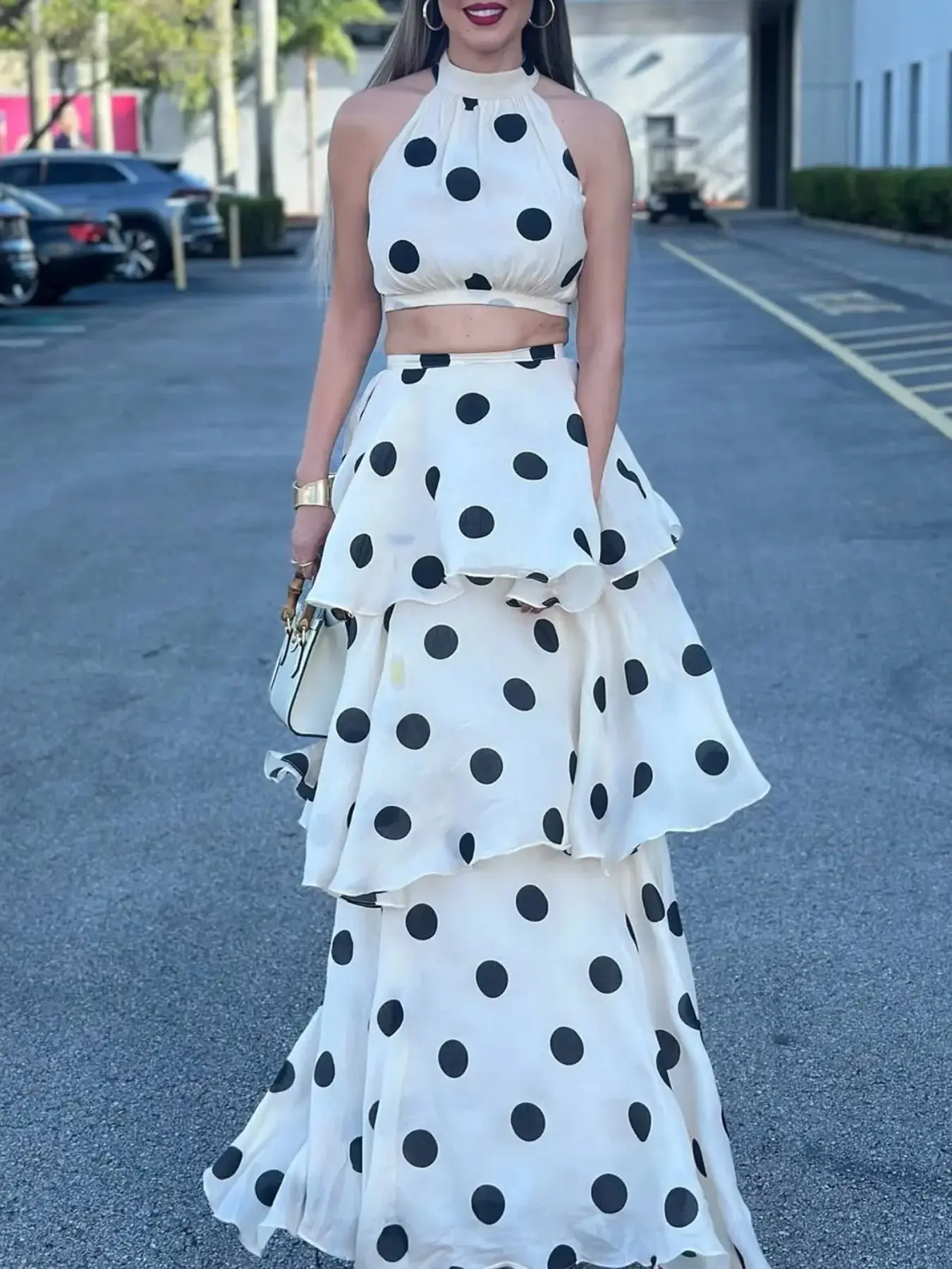 Women Long Dress 2 Piece Elegant Polka Dot Sleeveless Top Ruffle Pleated Dress Set Luxury Party Sexy Female Dress Set Pleated Skirt Set Coordinate Set Elegant