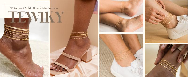 TEWIKY Waterproof Ankle Bracelets For Women 6PCS Thiny Herringbone Box Paperclip Bead Figaro Cuban Link Anklet Set Dainty Jewelry For Women Cute Summer Beach Jewelry Chains Beaded anklet