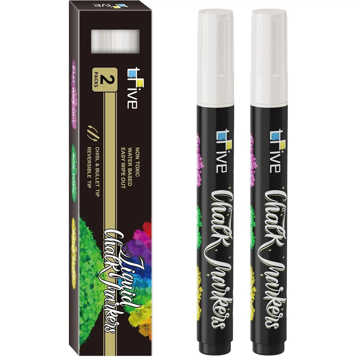TFIVE White Liquid Chalk Markers, 2 Pack Erasable Chalkboard Markers