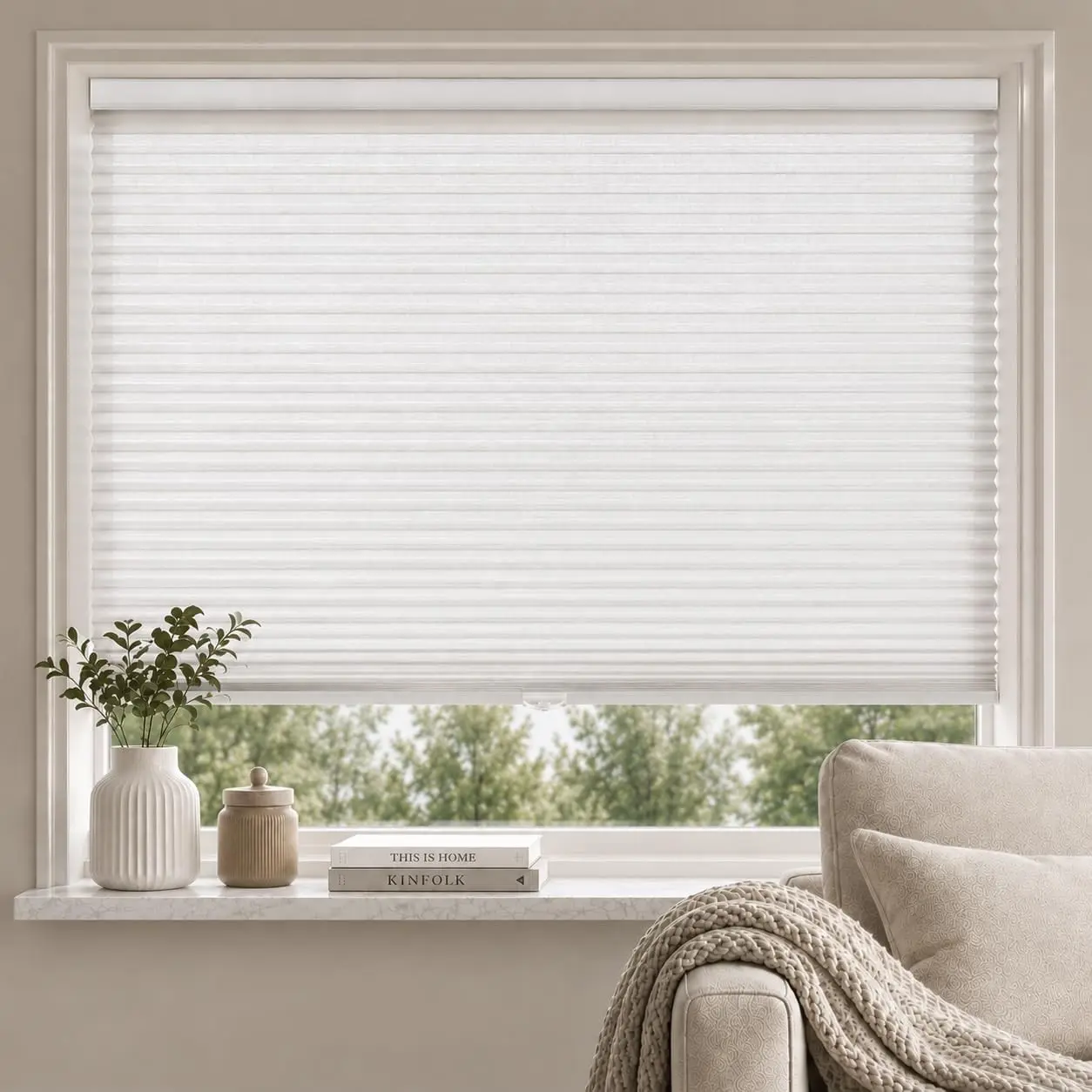 Cordless Light Filtering Cellular Shades for Indoor Windows, Honeycomb Window Blinds with Daytime Privacy, Easy Lift Shades for Bedroom, Living Room & Home Office, White, 43" W x 72" H