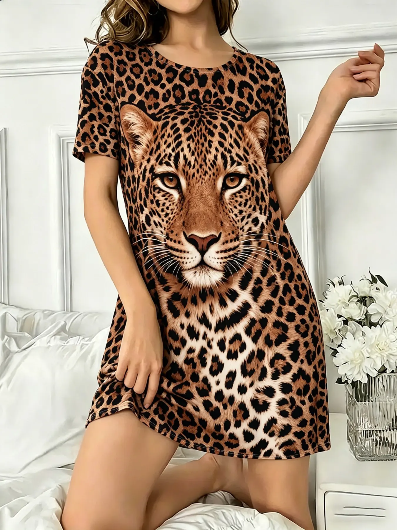 Leopard Print Nightdress, Casual Fitted Short Sleeve Sleepwear Loungewear, All over Print, Wild Cool Aesthetic Style, Loose Home Dress