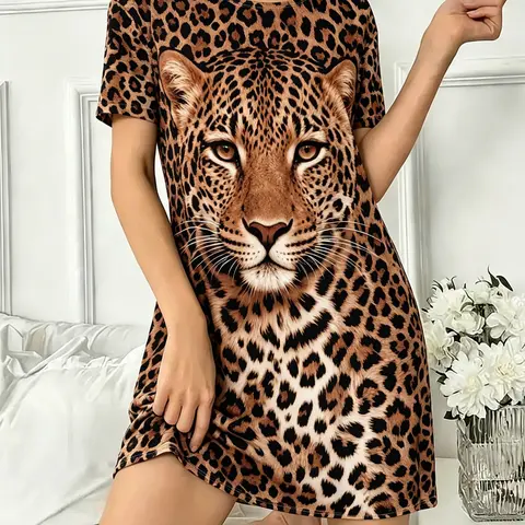 Women's Leopard Print Short Sleeve Nightdress, Casual Fitted Sleepwear and, Edgy Style, Sleep Dress, Sleepwear Dresses