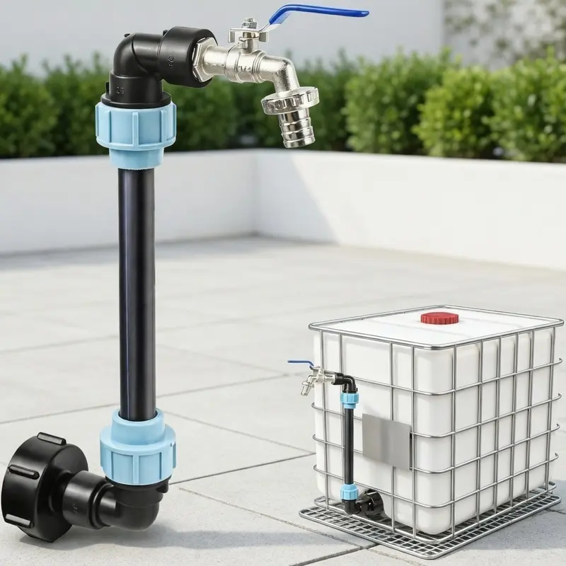 IBC tank gooseneck pipe, IBC adapter with gooseneck brass faucet, IBC gooseneck 3/4 inch outlet faucet for 000L rainwater tanks, rain barrels, and IBC containers