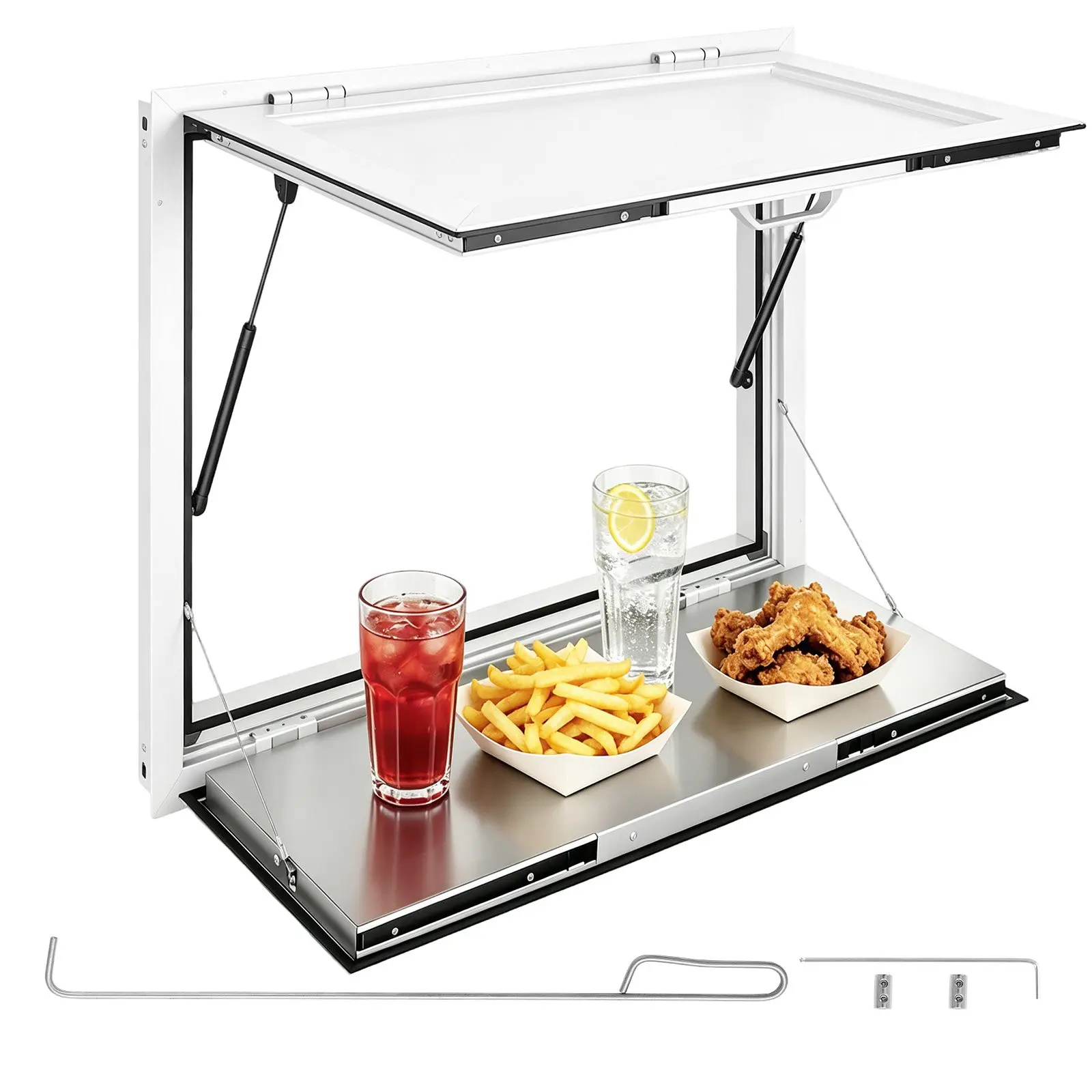 VEVOR 36x36in Aluminum Alloy Square Frame Concession Window Foldable Shelves, Bracket Mount, 85-Degree Open, Rainproof Awning Door, Drag Hook Arm, Rainproof, for Food Truck