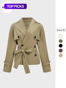 trendy solid color notch lapel double breasted long sleeve trench coat