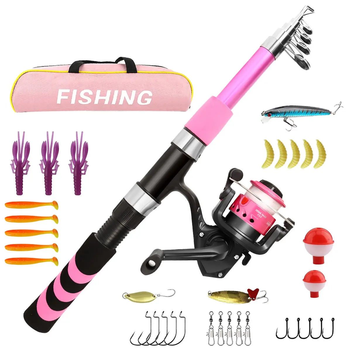 Pink Fishing Rod Combo – Pre-Spooled Spinning Reel with Tackle Box & Pink Carry Bag, Ready-to-Fish Complete Fishing Kit, Perfect Gift for Women Anglers