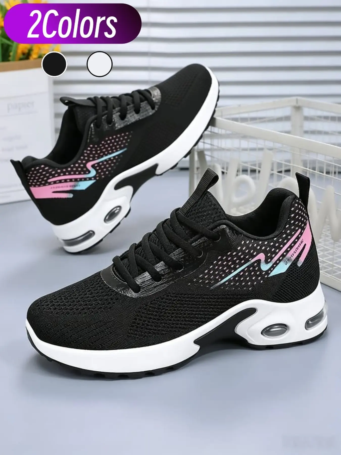 Women gradient flyknit casual running sneakers, contrast printed mesh heel visible air cushion, rubber grip flat sole soft lightweight for workout stroll daily wear