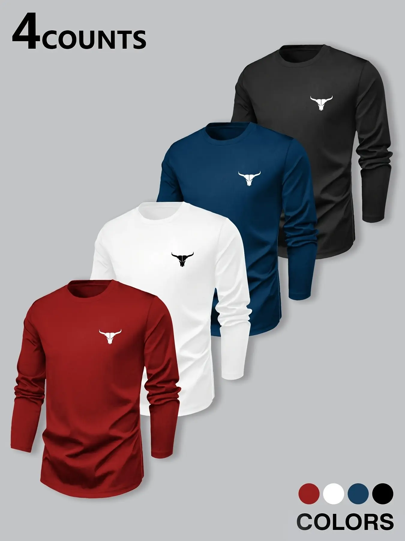 4-Pack Men's Round Neck Long Sleeve T-Shirts, Casual Sporty Fitted Knit Polyester Tops, Slightly Elastic, Bull Head Pattern, Ideal for Sports