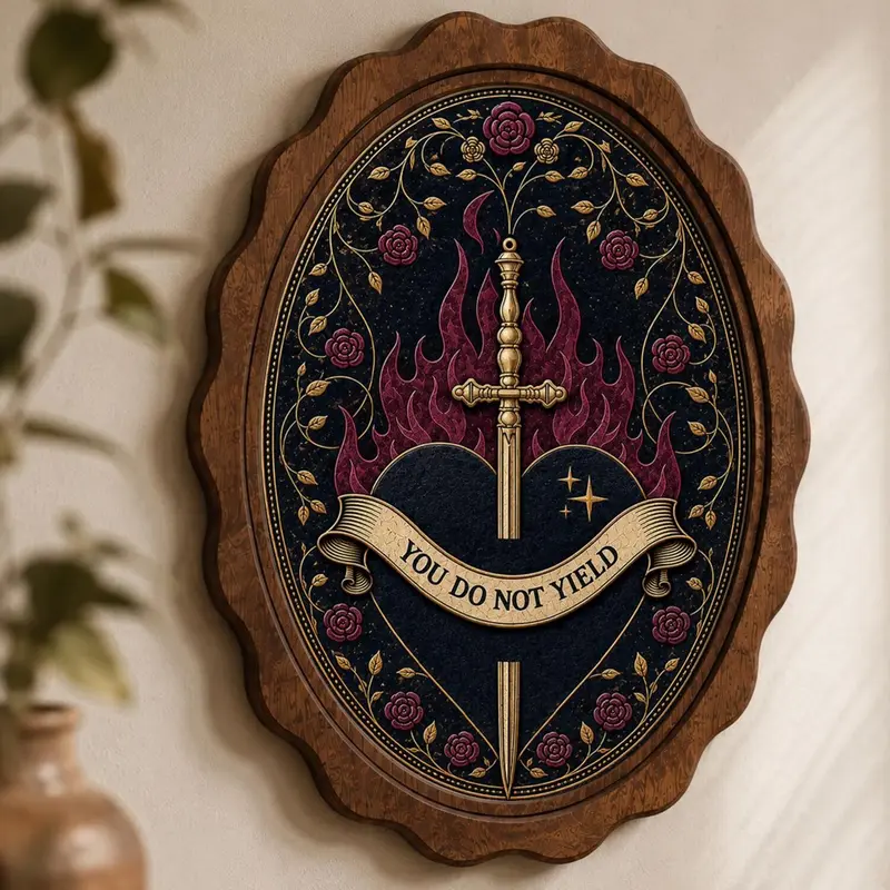You Do Not Yield Wall Art, Throne of Glass Inspired Decor, Fantasy Gothic Oval Frame Wall Hanging, Fantasy Book Lover Gothic Wall Decor, Medieval Wooden Hanging Plaque, Dark Academia Room Aesthetic, Home Wall Decor