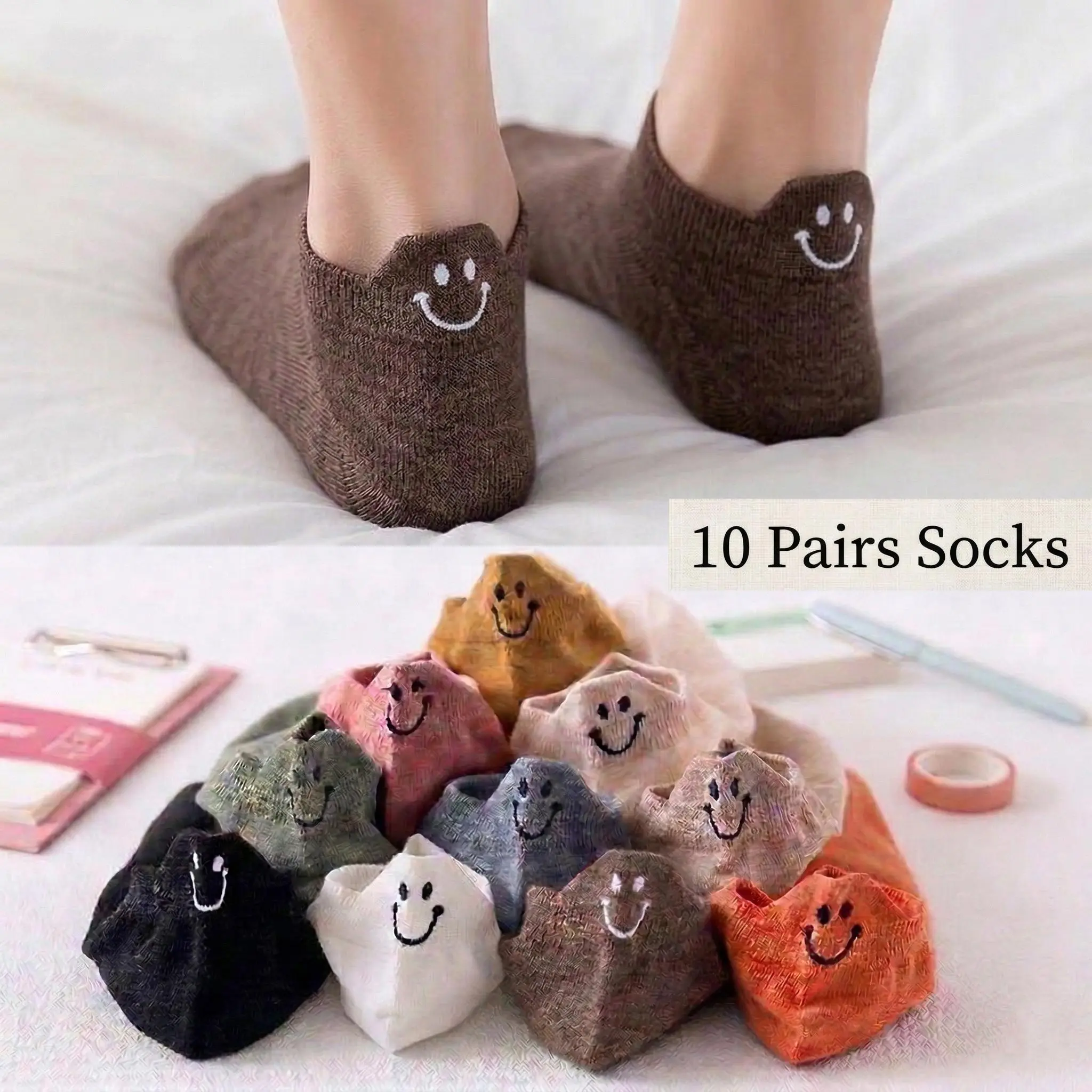 Women's 10 Pairs Smiley Face Embroidery Breathable Cotton Low Cut Boat Ankle Socks - Lightweight, Non-Slip, Comfy Summer Hosiery, Matching Socks for Women for Gym, Casual Day Use