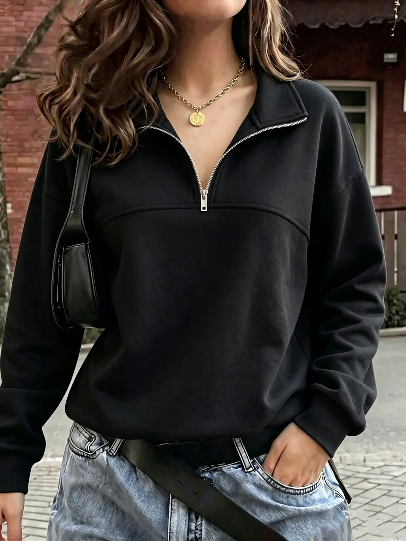 Women's Plain Half-Zip Sweatshirt, Casual Loose-Fit Long Sleeve Top, Soft Street Style, Fall & Winter Fashion, Comfortable Daily Wear