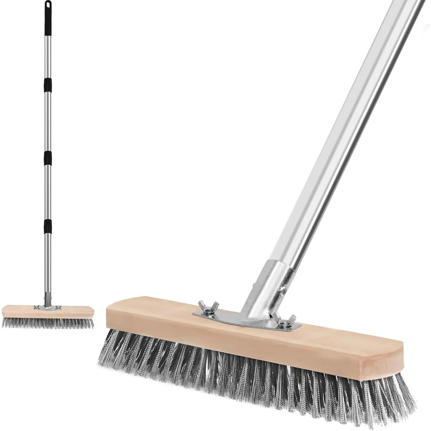 Stainless Steel Wire Scrub Brush with Long Handle, Heavy Duty Floor Scrubber, Moss Remover Wire Broom for Deck, Rough Surface, Concrete Floor, Patio, Garden, Garage