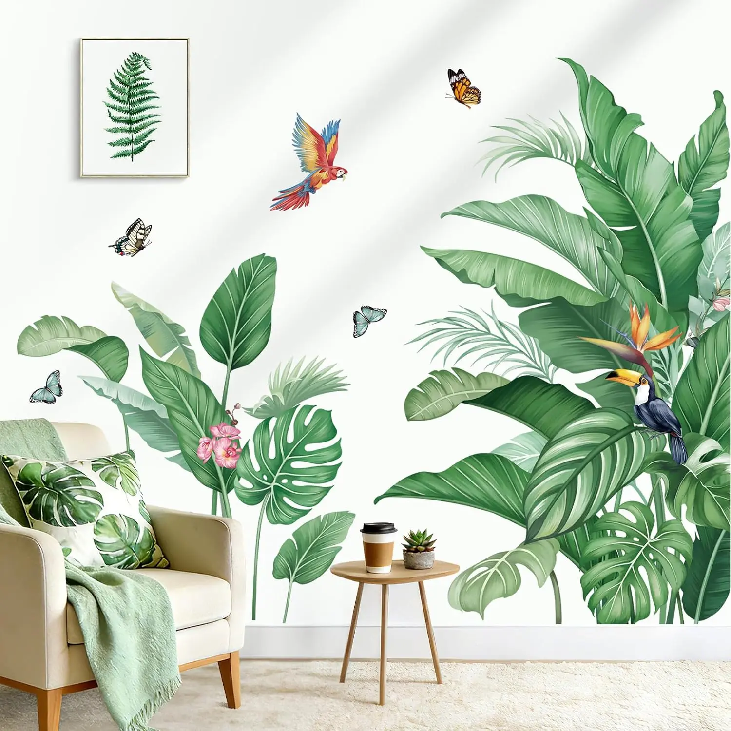 Tropical Palm Leaf Wall Stickers  Green Leaves  Birds Peel and Stick Wall Art  for Living Room Bedroom Office
