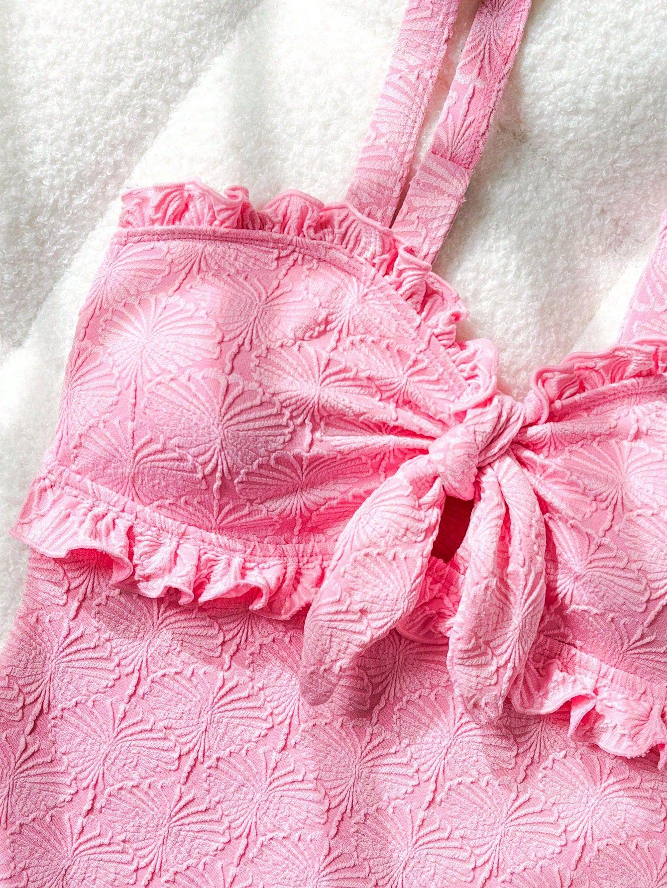 Cute & Feminine Pink One-Piece Swimsuit – Bow Tie & Ruffle Design