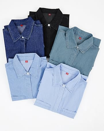 FMEYOA Women's Button Down Denim Shirt Casual Collared Long Sleeve Pocket Blouses