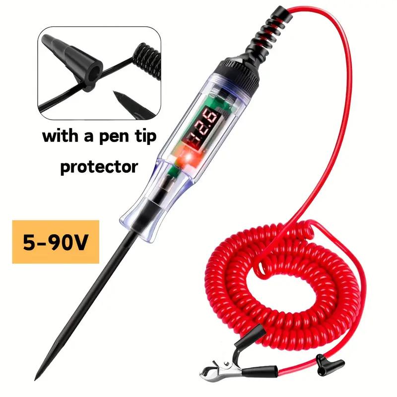 Automotive 5V-90V Digital LED Circuit Tester with Extended Spring Wire Bidirectional Light Tester for Electrical Voltage Testing Compact Practical with Pen Tip Protector