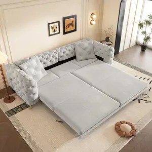 Aobtkel®97.7" 3-in-1 Convertible Sleeper Sofa,28.4" Deep Seat Pull Out Sofa Bed,Button Tufted Modern Sofa,4-Seater Couch with Movable Ottoman  for Apartment,Office,Bedroom,Light Grey