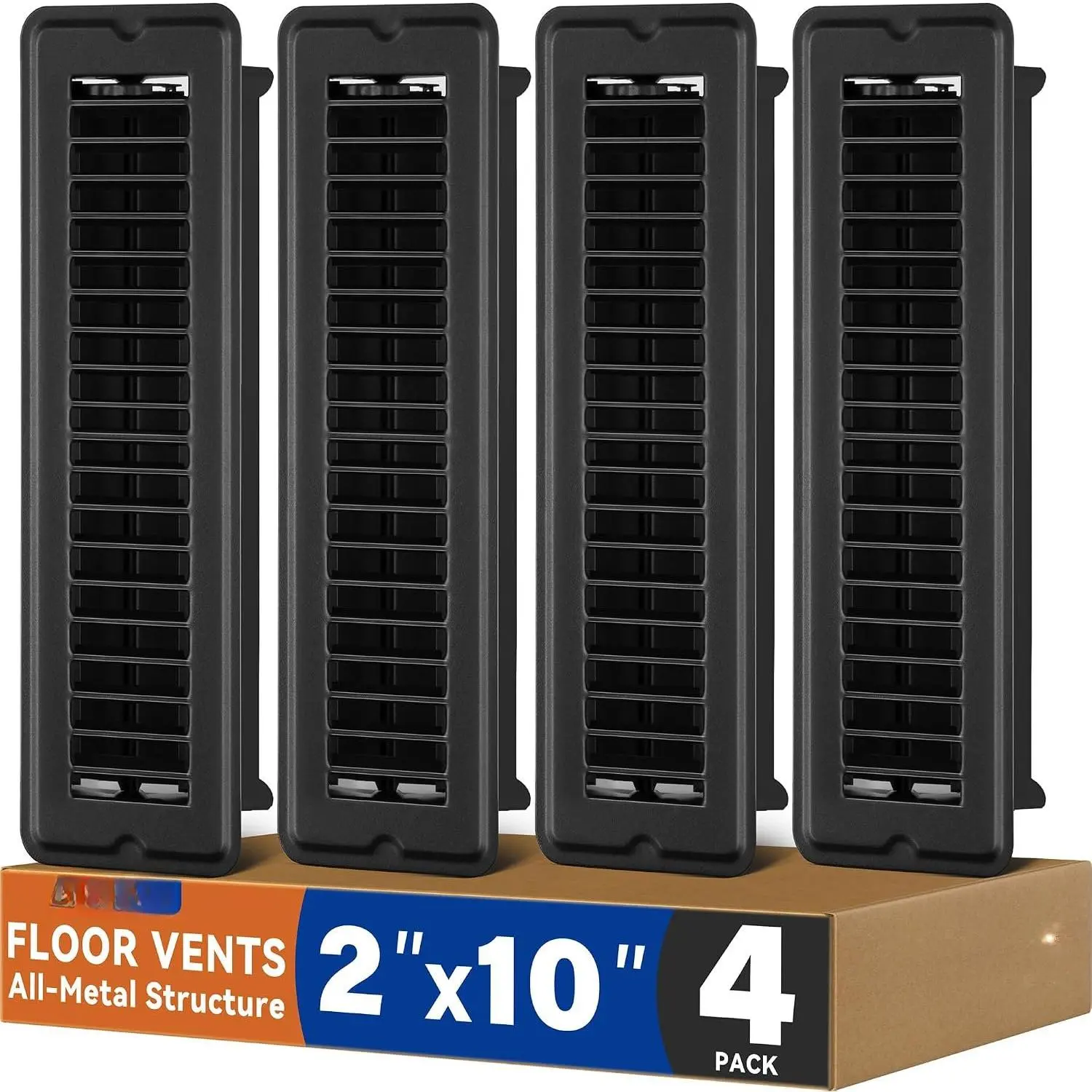 2x10 Floor Register, 4 Pack Matte Black Steel Floor Vent Covers | Heavy Duty Walkable Floor Vents, Quiet AC Heat, Easy Adjustable Airflow  Lever, Vent Covers for  Floor