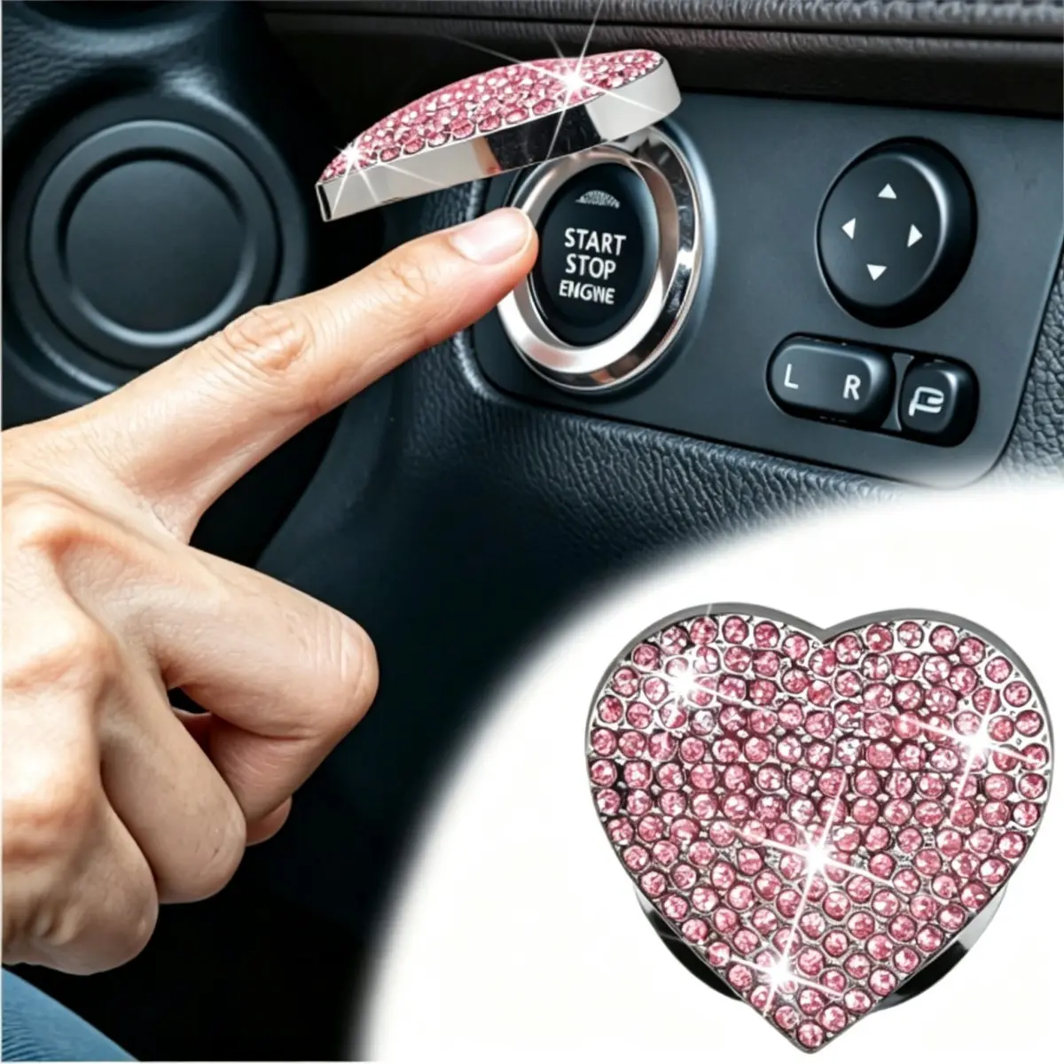 Car Heart Rhinestone Start Button Cover, Shiny Rhinestone Ignition Button Sticker, Car Decoration, Car Interior Decorative, Cute, 1pcs