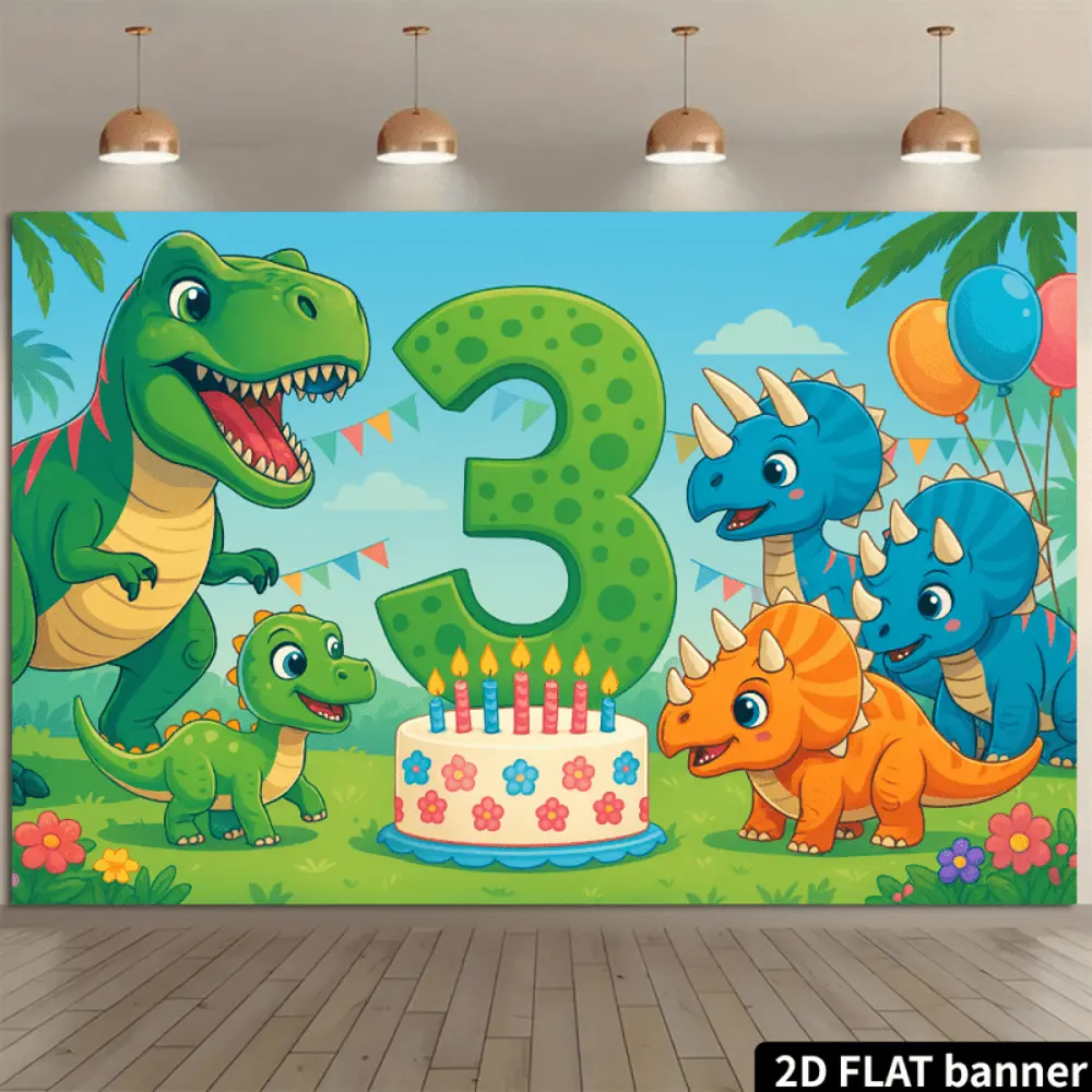 2D Flat HD Digitally Printed Polyester Animals Cartoon Dinosaur 3rd Birthday Backdrop Banner - Soft, Lightweight, Foldable Background Cloth for Birthday Decoration, Portrait Photography