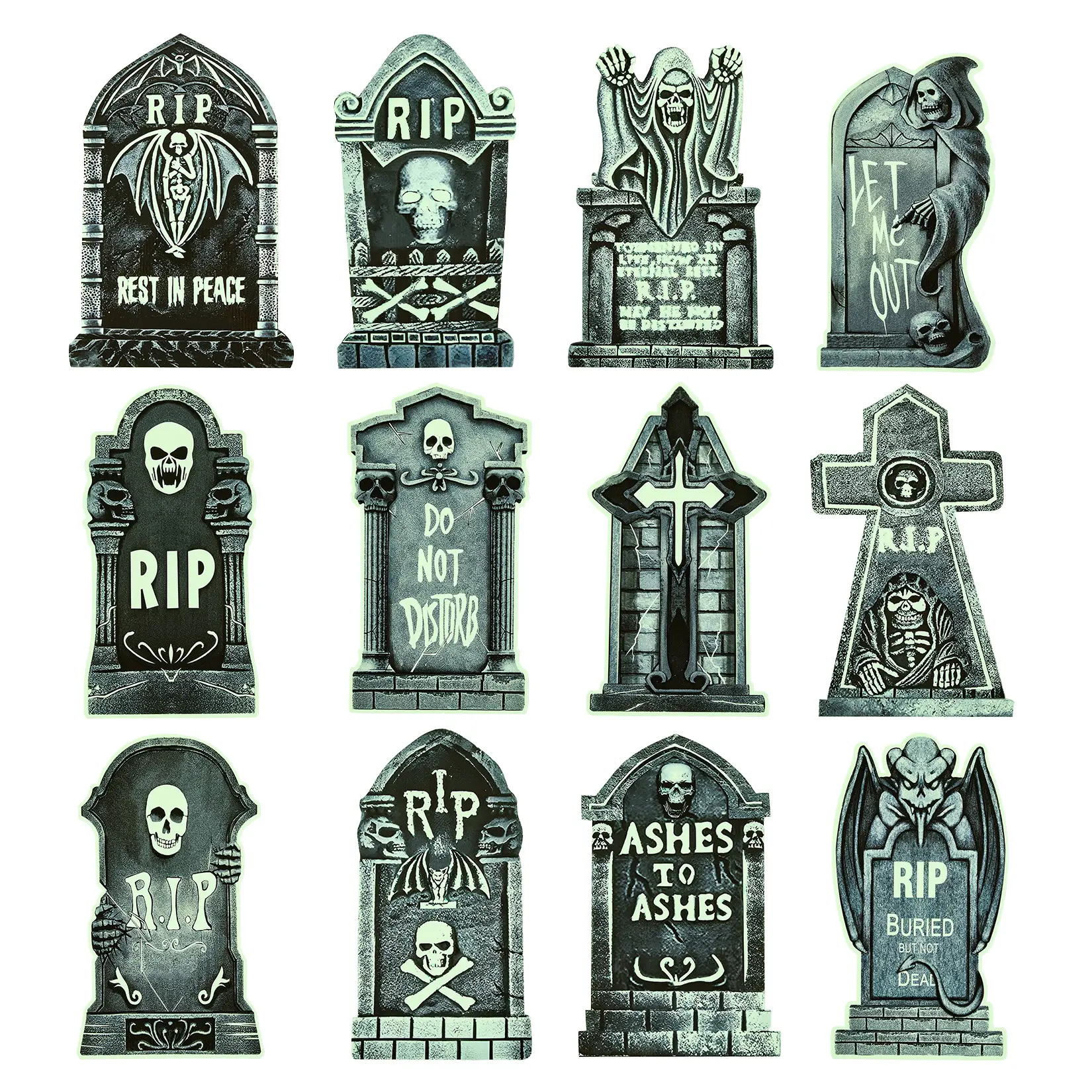 12 Pcs Halloween Tombstones Outdoor Decoration - Glow in the Dark RIP Gravestones 14.96" Halloween Yard Signs with Ground Stakes for Haunted House Party Yard Lawn Garden Decor