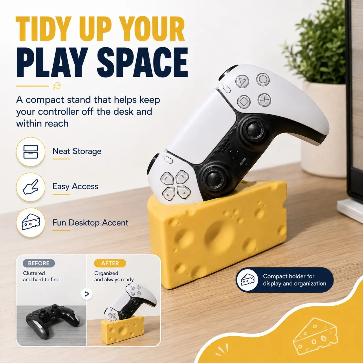 Cheese Controller Stand for PS5 Controller, Funny Gaming Controller Holder, Cute Cheese-Shaped Gamepad Display Stand, Gaming Desk Organizer & Decorative Ornament for Gamer Room, Desk, Shelf and Gamer Gifts