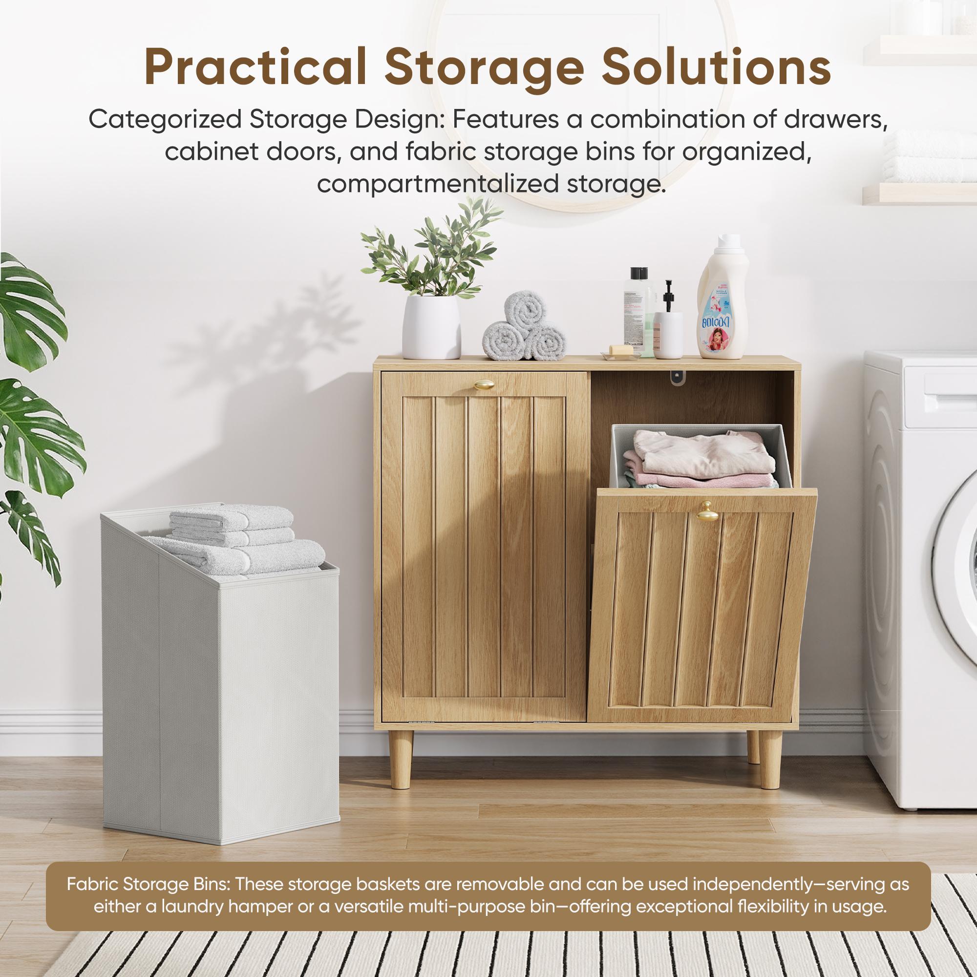 Sloping laundry basket with removable inner basket, concealed laundry basket, bathroom laundry storage cabinet, freestanding household storage rack, oak color