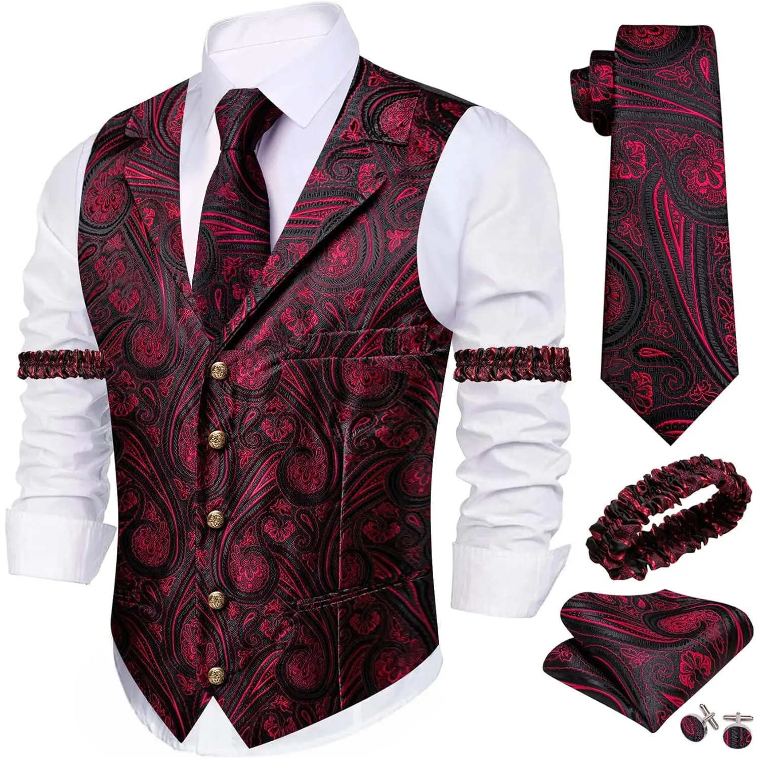 Mens Silk Lapel/Shawl Collar Vest Tie Sleeve Holder Set Formal/Casual Paisley Vests Wedding Tuxedo Waistcoat