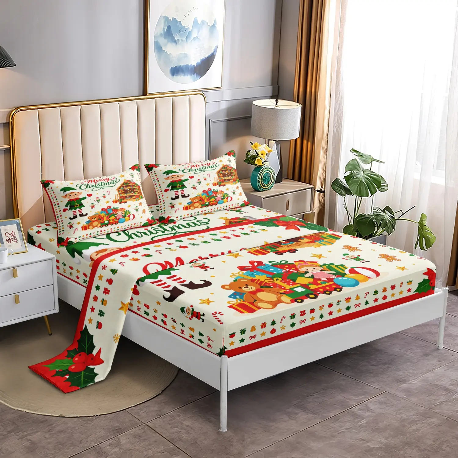 4‑Pieces Fun Xmas Bed Sheet Set, Christmas Elf, Teddy Bear, Colorful Toy and Candy Pattern, Cozy Soft Holiday Bedding, Lovely Festive Decor for Bedroom, Holiday Bedroom Decor, Included 1*Fitted Sheet & 1*Flat Sheet & 2*Pillowcase