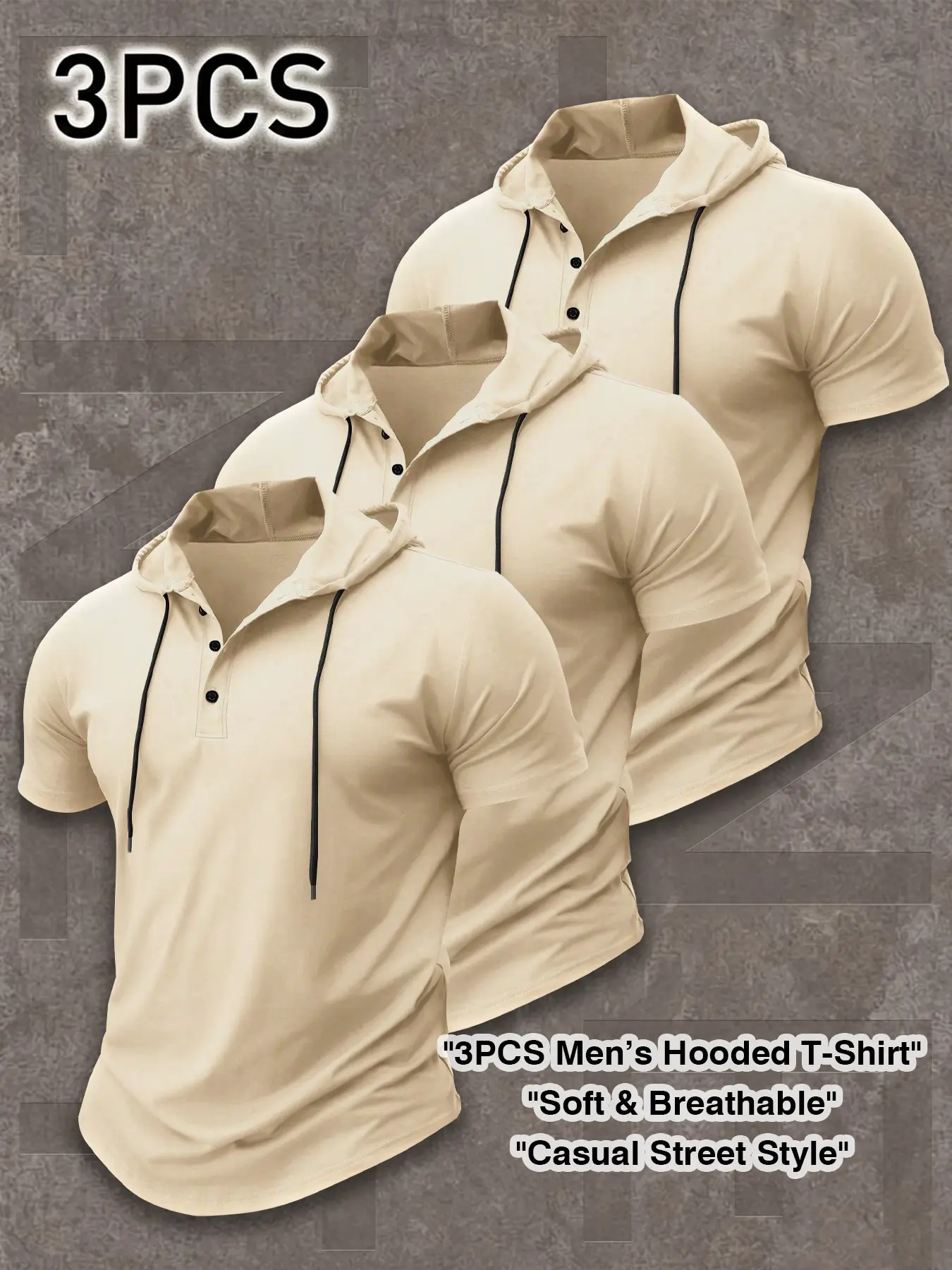 3PCS Hooded Henley T-Shirt for Men, Short Sleeve Drawstring Half Button Slim Fit Curved Hem Pullover Hood Tee, Daily Casual Streetwear Apparel #menspullover #hoodedtshirt #henleytop