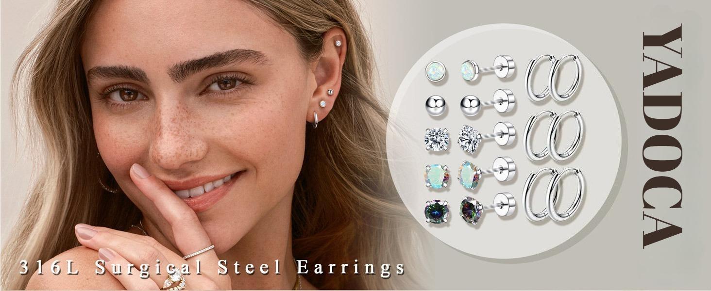 YADOCA Surgical Steel Earrings for Sensitive Ears Hypoallergenic 20G Stainless Steel Stud Hoop Earrings for Women Men Small Opal Ball CZ Surgical Steel Flat Back Earrings Cartilage Earrings Hoop Stud