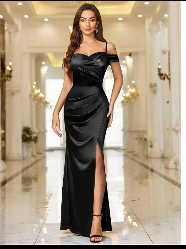 Elegant Women'S Off-Shoulder Satin Long Bridesmaids Dress, Spaghetti Straps, Slit And Ruched Design, For Formal Evening Prom, Wedding Party, Gala Womenswear Workwear Sleeveless
