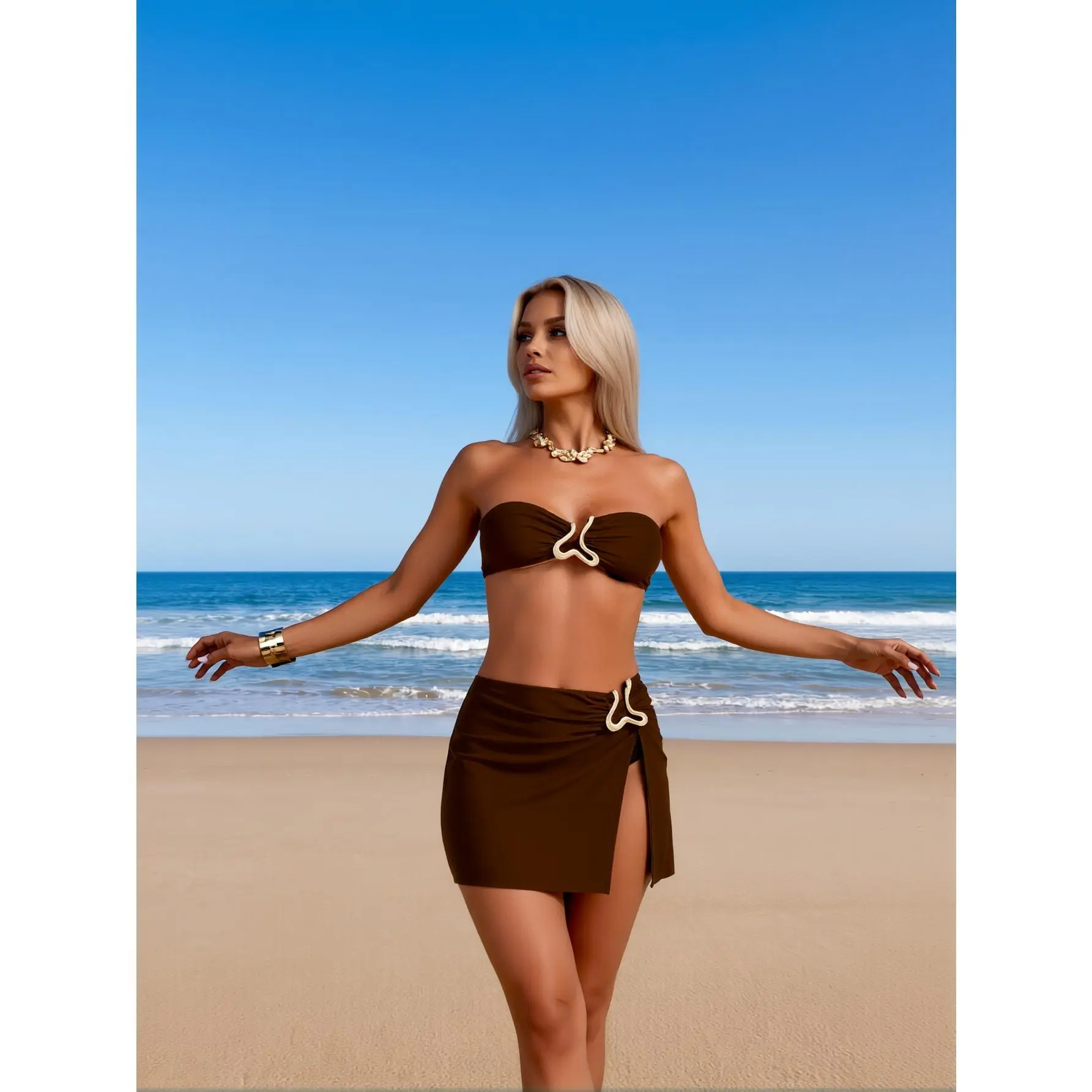 2026 New Luxury 2pcs Bikini Set: Chocolate Brown, Bandeau Top, Golden Hardware, High Slit Sarong Skirt, Beach Style