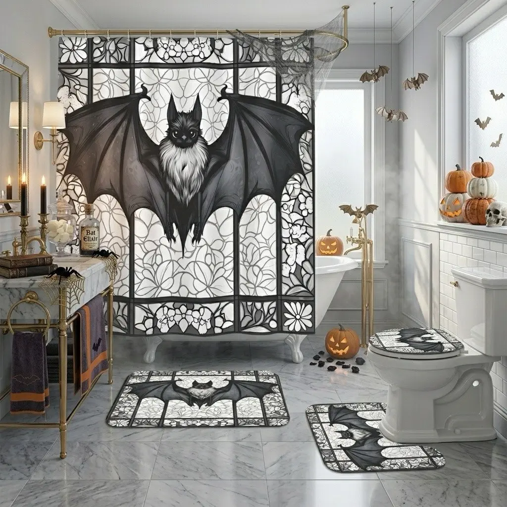 Gothic Bat Stained Glass Bathroom Shower Curtain Set – Soft Thick Fabric with Victorian Floral Window and Hanging Bat, Extra Plush Bath Mats for Eerie Comfort, Haunted Halloween Decor, Funky Shower Curtain