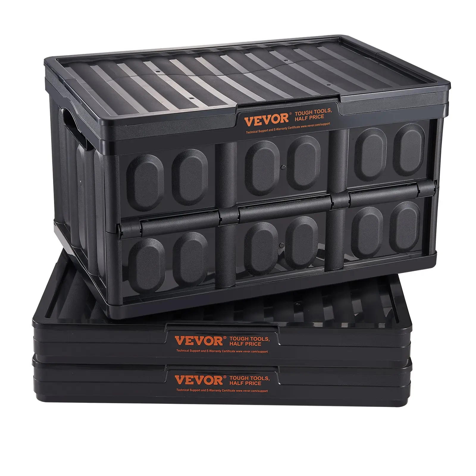 VEVOR 3-Pack 45L Foldable Plastic Storage Containers with Lids, Handles, Stackable Utility Boxes for Home, Camping - Ideal for Organizing Shoes, Clothes, Books, Toys