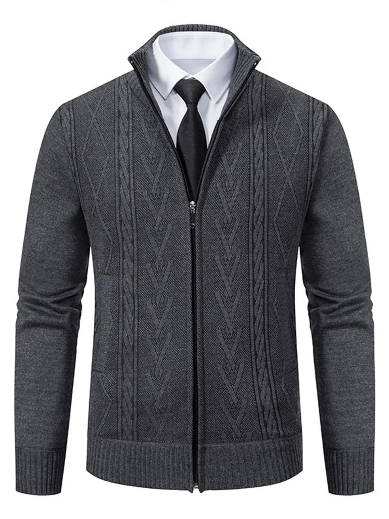 Men's Half High Neck Fleece Lined Zipper Cardigan, Argyle Pattern, Long Button Closure, Casual Loose Fit, Fall & Winter Wear Long Sleeve
