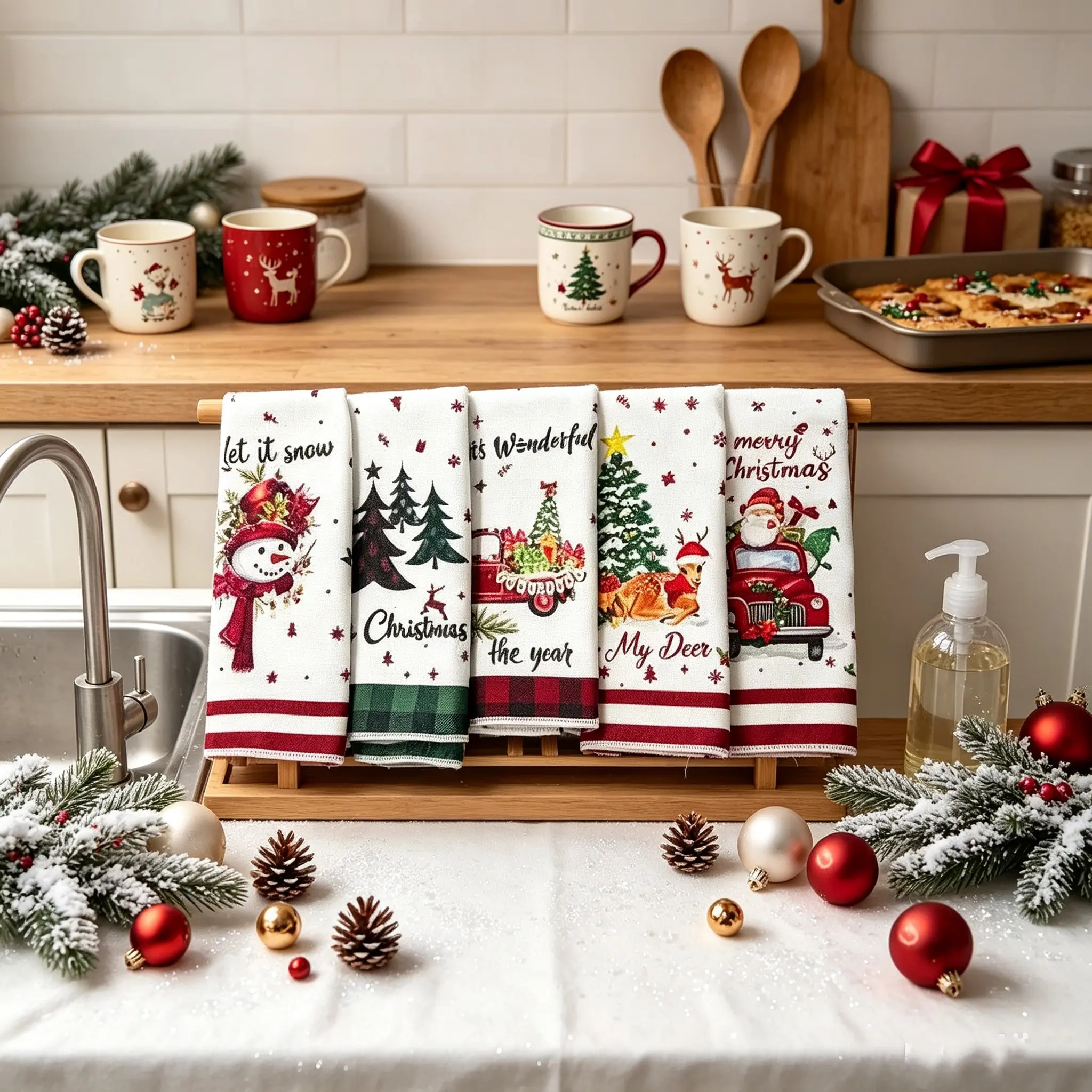 Vintage Christmas Cloth Napkin Set, Snowman, Santa, Reindeer, Tree Patterns, Wine Striped Border, Soft Durable Fabric, Washable, Reusable