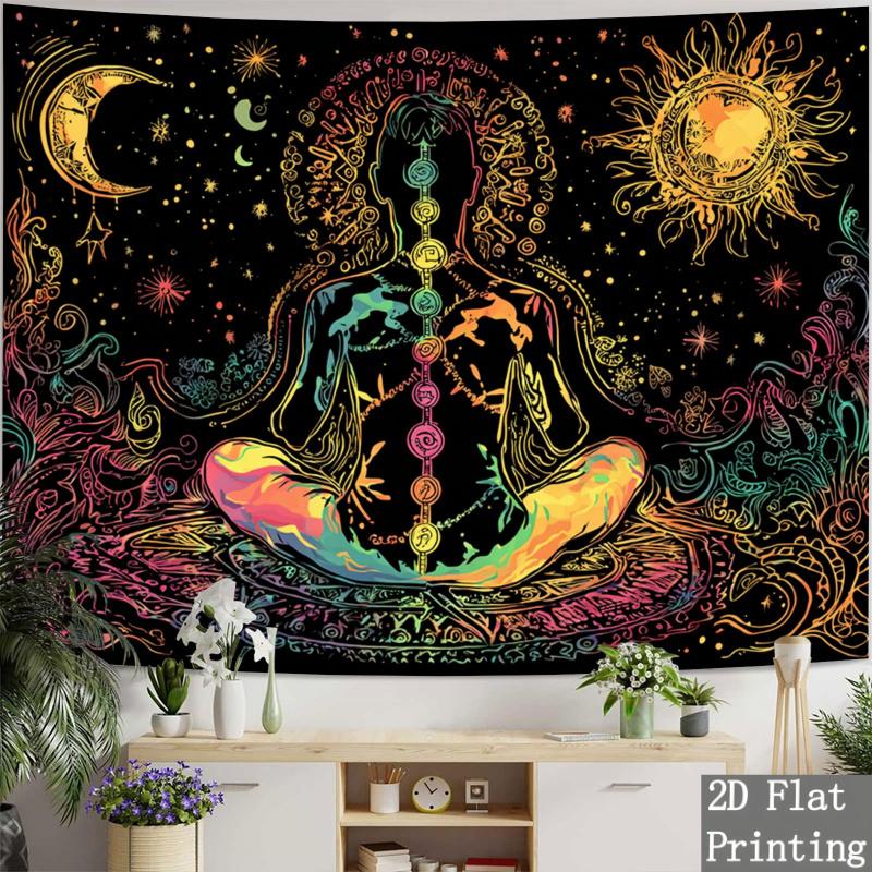 A Single Piece of Colorful 2D Flat Fabric Featuring a Spiritual Chakra And Cosmic Design, Showcasing The Chakra System. This Vibrant Wall Hanging Is Perfect for Your Living Room, Bedroom