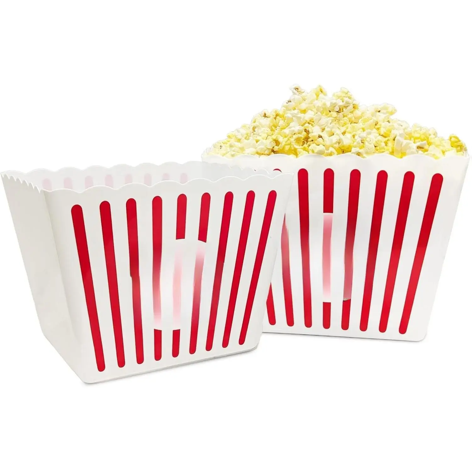 Large Reusable Plastic Popcorn Containers – Classic Red & White Striped Popcorn Buckets Reusable Design for Kids' Parties, Carnivals, 7" x 6.75" (Set of 2) - popcorn boxes for Family Movie Night