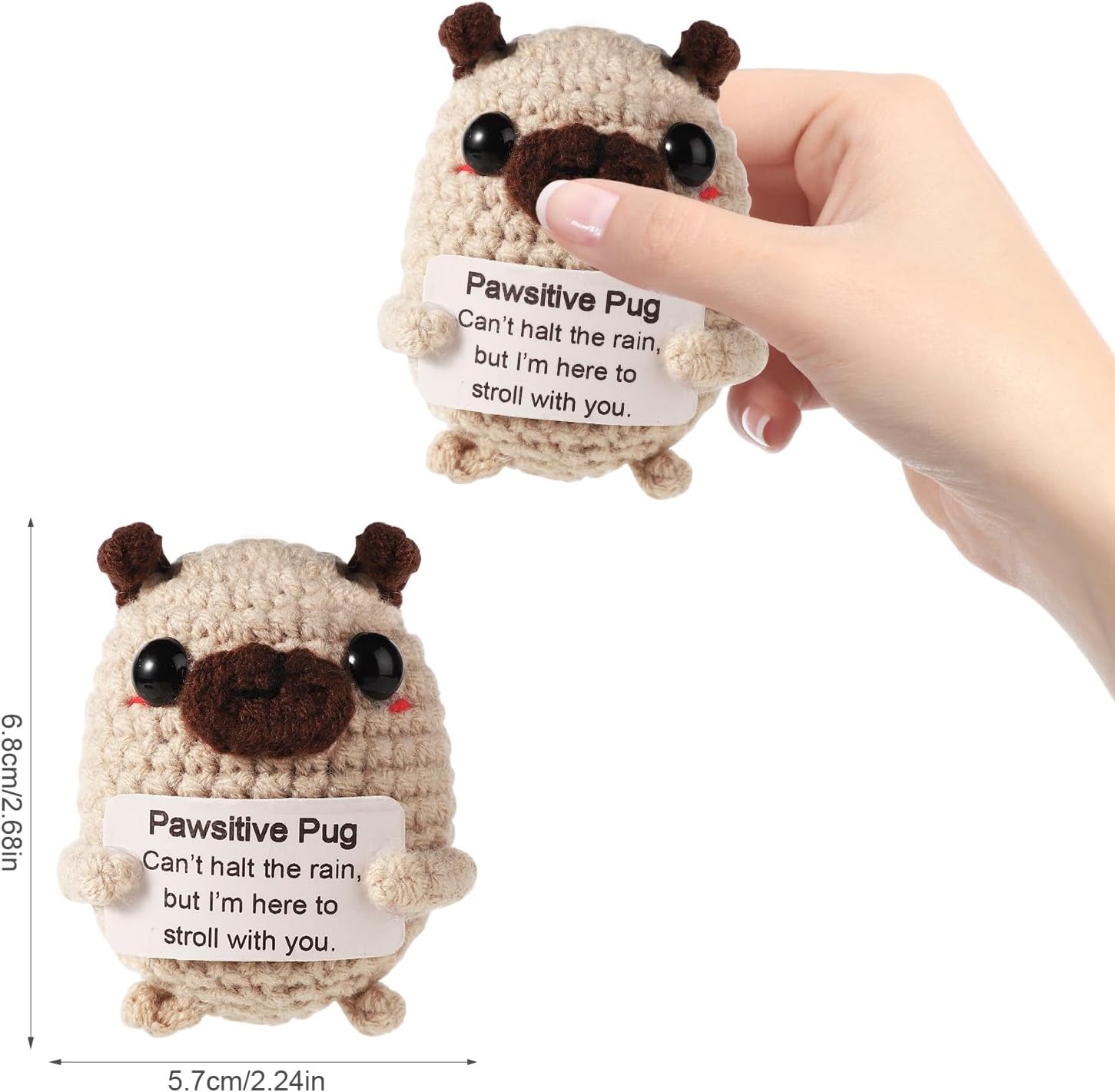 Super cute positive animals crochet pug plush! Tiny knitted lucky charm dolls for emotional support and encouragement. Ideal sweet gifts for friends, family, or charming party decoration. Small in size but big in love and warm comforting vibes.