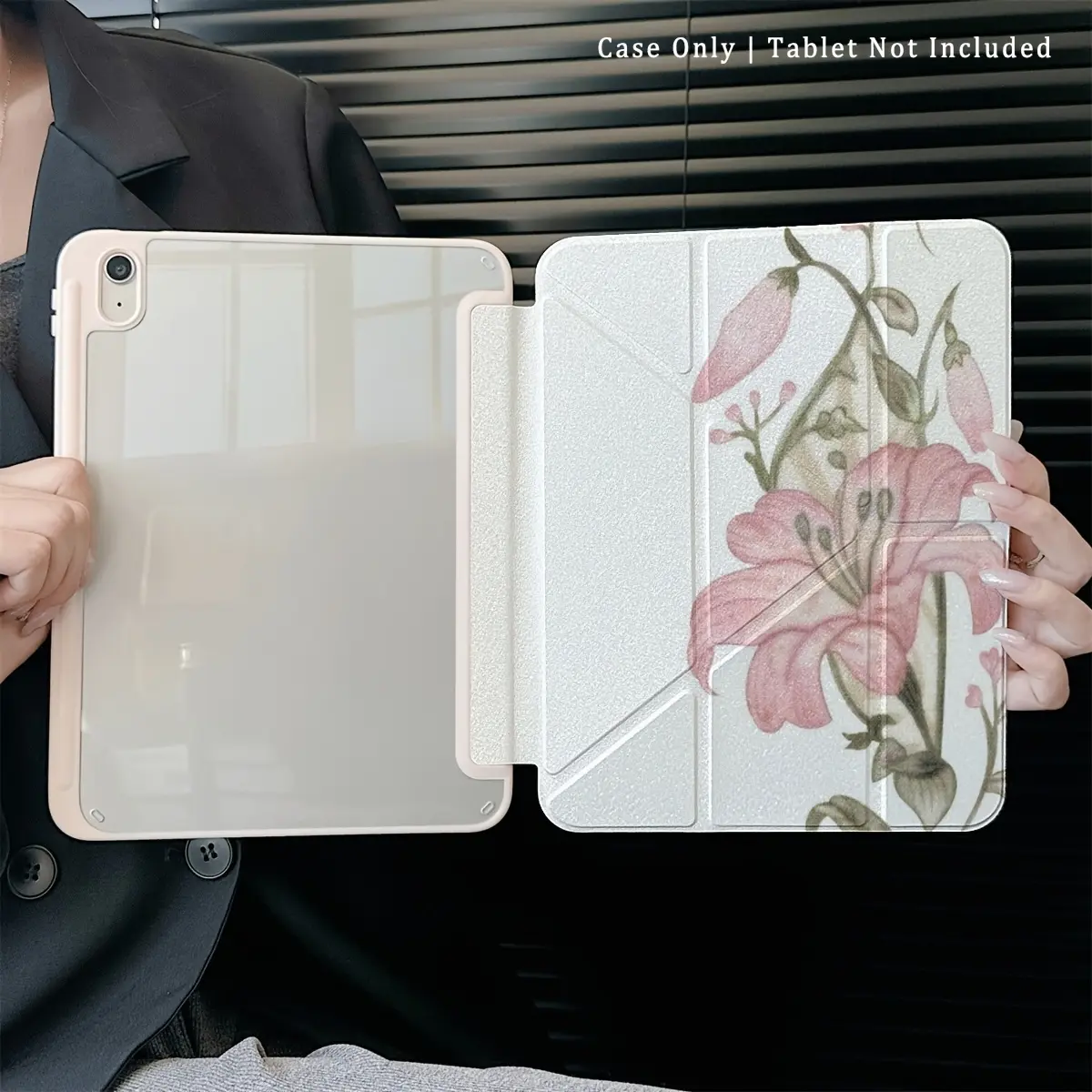 Pale pink lily pattern; features an adjustable stand and stylus holder; foldable, non-slip "Y-fold" TPU protective case; compatible with Samsung, iPad mini, iPad Air, iPad Pro, iPad (10th/11th Gen), and other iPad series.