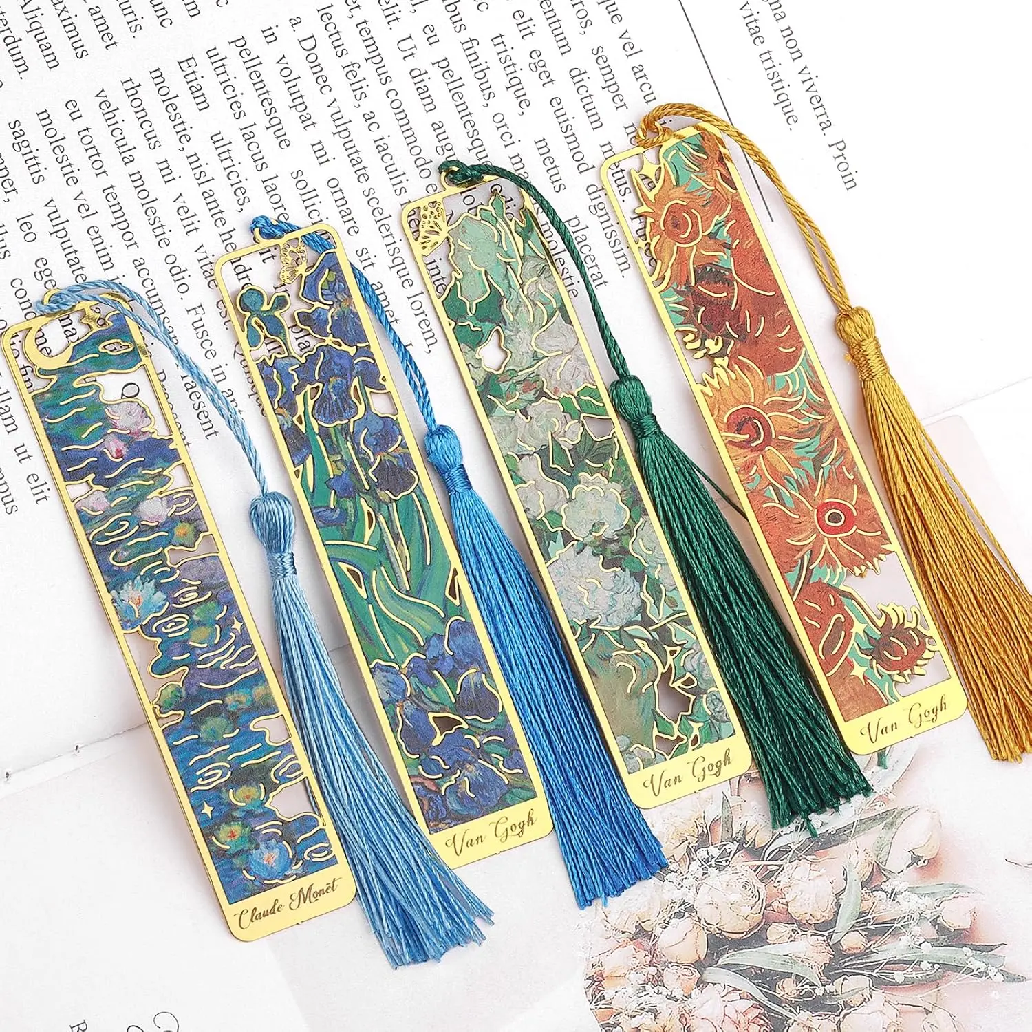 4 count Metal Bookmark with Tassel,Cute Bookmarks Oil Painting Theme Aesthetic Bookmark Golden Van Gogh Book Marks for Women Man Book Lovers Writers Reader Adult  Teens
